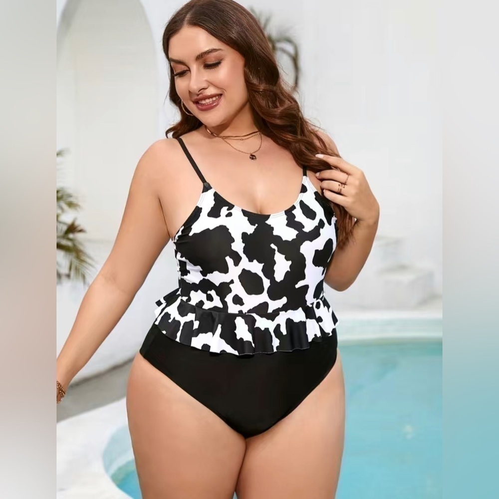 Plus Size Cow Print Ruffle Trim Cami One Piece Swimsuit.